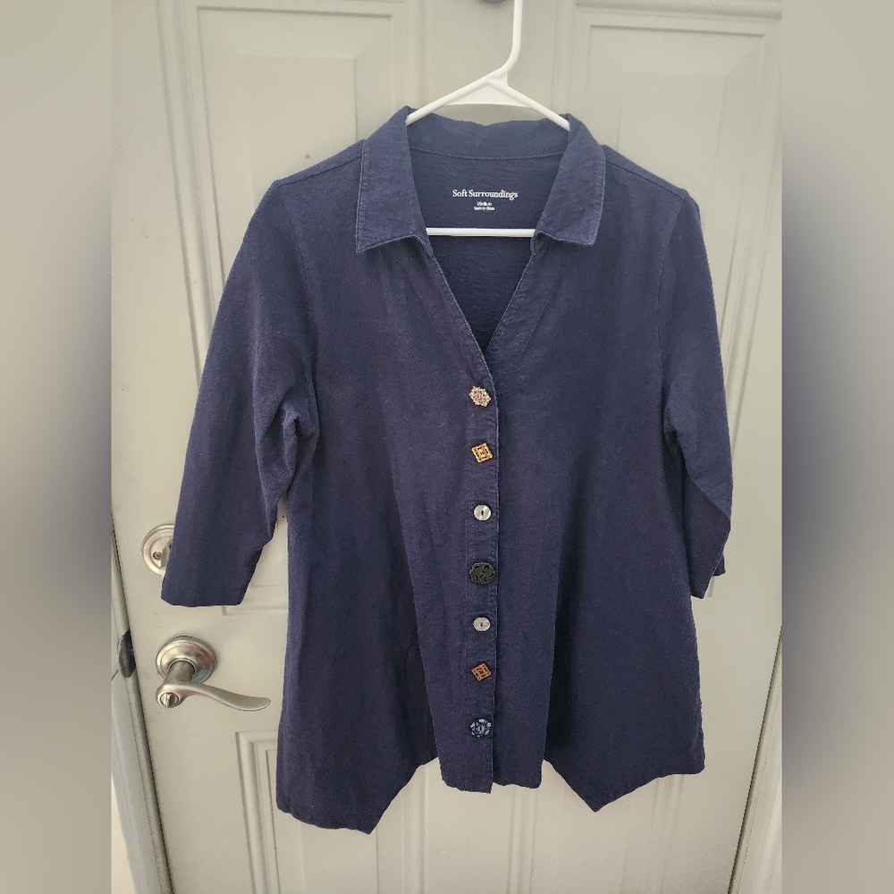 Soft Surroundings 100% Cotton Danielle Asymmetrical Button Up Blouse Women’s M